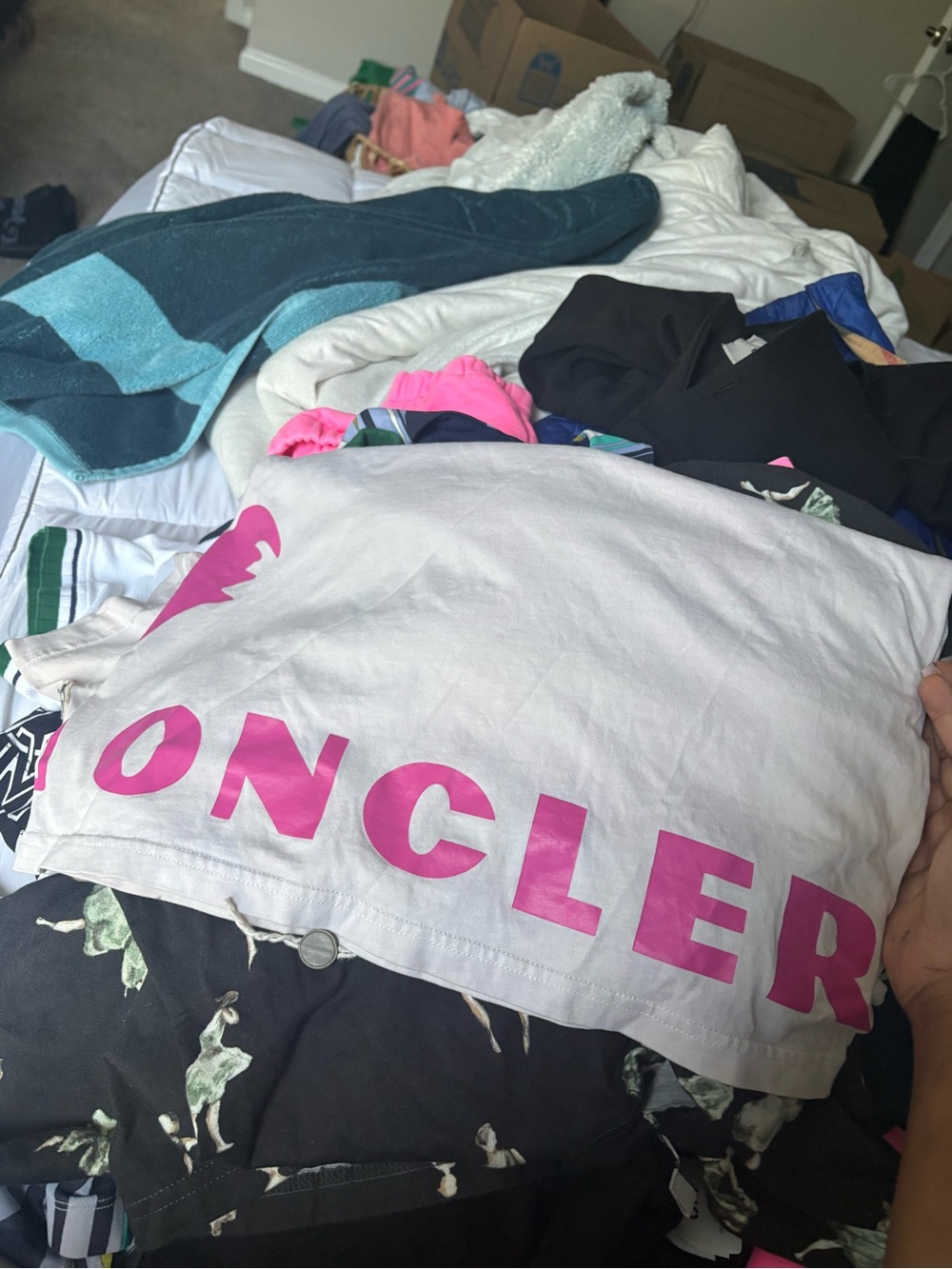 Moncler Kids White Tee with Hot Pink Logo Print